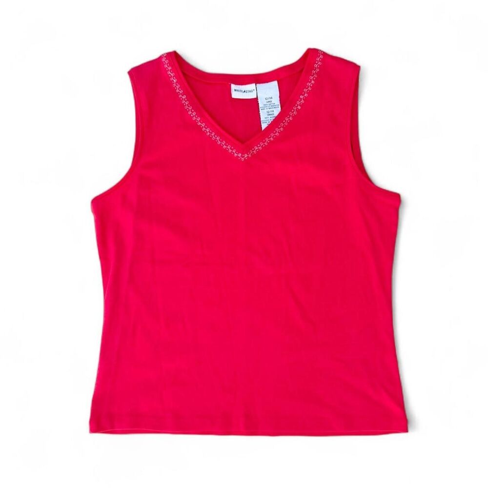White Stag Hot Pink Sleeveless Cotton Top With White Embroidery Size L